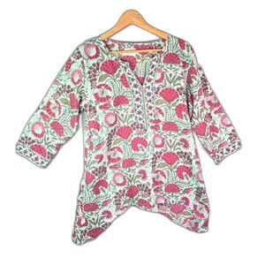 Signals Tunic Pink Green Floral XL Boho Cotton Handkerchief Hem Block Print